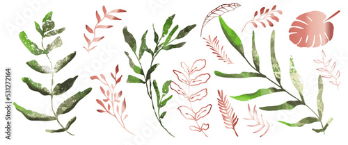 Hand drawn colorful plant set - universally usable. Botanical, chic and trendy plants. Hand drawn lines, elegant leaves for your own design. Flower branch and minimalistic modern plants.
