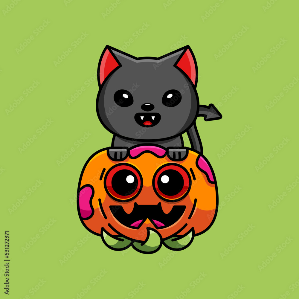 CUTE DEVIL CAT AND PUMP CELEBRATES HALLOWEEN CUTE DEVIL CAT AND PUMP CELEBRATES HALLOWEEN