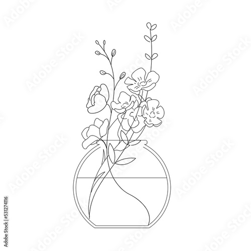 Floral, flowers in a vase line art vector hand drawn illustration for decoration