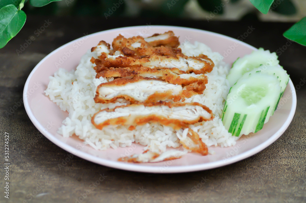 rice topped with chicken or chicken rice or fried chicken and rice