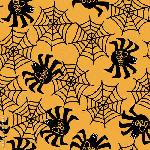 Halloween vector seamless pattern with spiders in the web