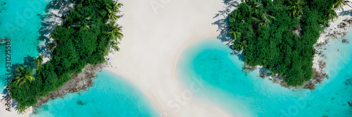 BHanner size. View from above, stunning aerial view of palms on the sandy beach. Tropical landscape, blue water, waves.