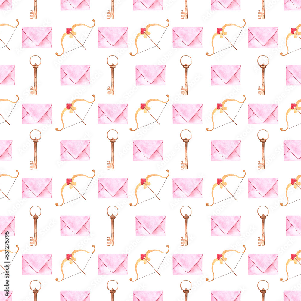pink love letter cupid's arrow with heart key iron vintage watercolor isolated on white background