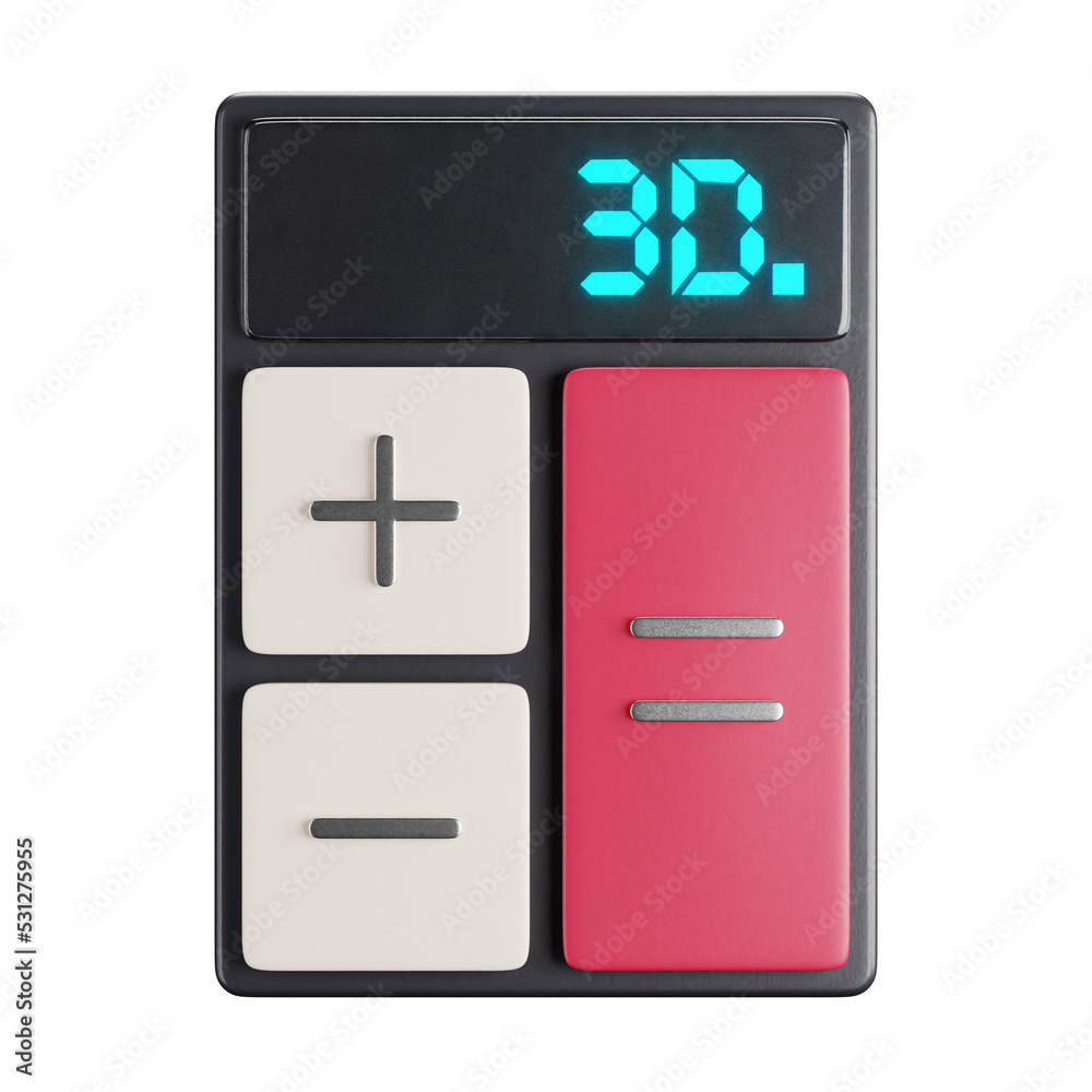 Obraz premium 3D cartoon user interface illustration of a 3D calculator with 3 buttons digital calculator icon on an isolated background. With studio lighting and a gradient colourful texture. 3D rendering