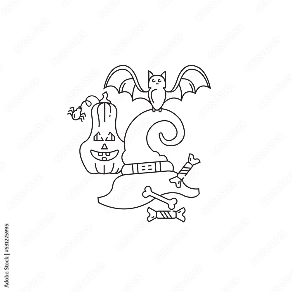 Halloween holiday vector linear icon. Card. Pumpkin, hat, bat.
Halloween holiday vector linear icon. Card. Pumpkin, hat, bat.