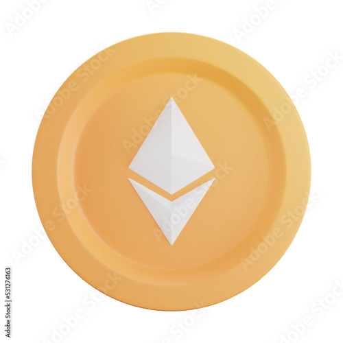 3D cartoon user interface illustration of a ethereum coin or eth coin on the blockchain but physical cartoon icon on an isolated background. With studio lighting