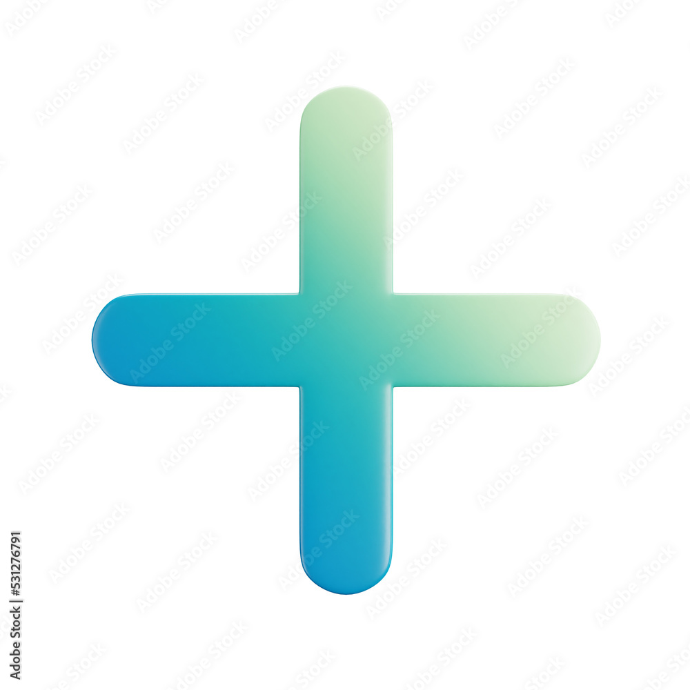 3D cartoon user interface illustration of a plus icon on an isolated background. With studio lighting and a gradient colourful texture. 3D rendering 3D cartoon user interface illustration of a plus icon on an isolated background. With studio lighting and a gradient colourful texture. 3D rendering