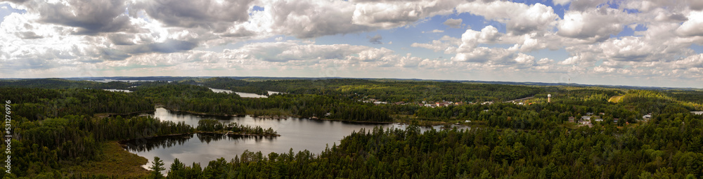 A panoramic view of the small town of Temagami, Ontario, and the surrounding area taken from atop the town's fire tower in the White Bear Forest.