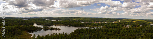 A panoramic view of the small town of Temagami  Ontario  and the surrounding area taken from atop the town s fire tower in the White Bear Forest.