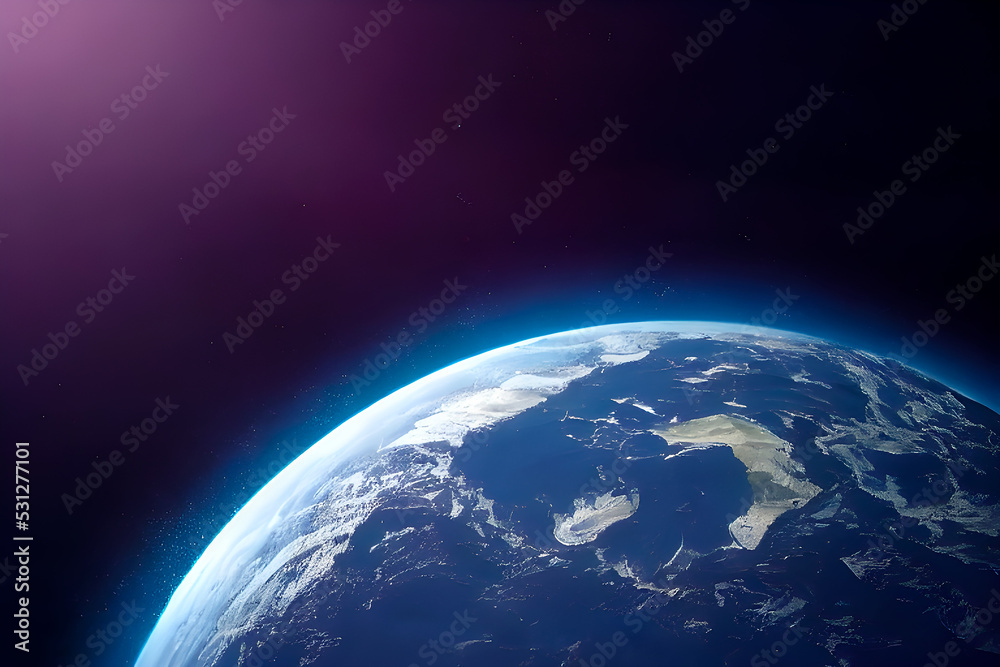 Fototapeta premium Blue planet earth with purple sun rays. Illustration.