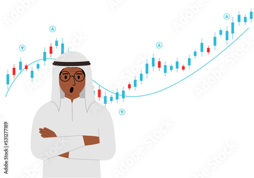 A arab man on the background of a Forex chart. Conceptual illustration on the topic of strategic planning in trading on the stock exchange.