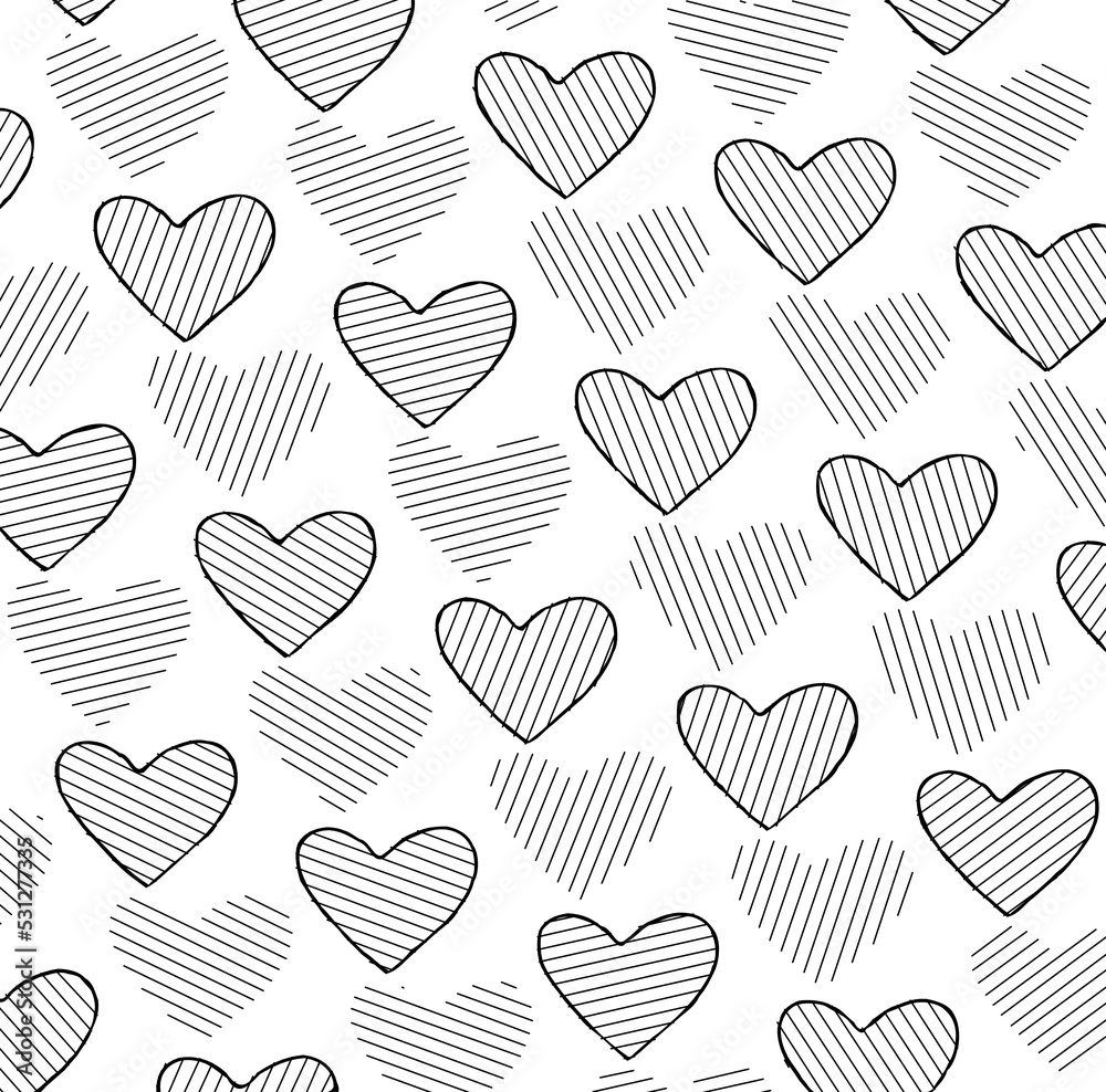 Black stripes white hearts illustration freehand Seamless pattern. transparency background  digital image.