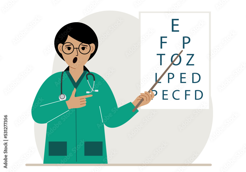 Ophthalmologist near the vision test table. Diagnosis and eye examination. Optometrist checks eyesight and chooses glasses. Ophthalmologist near the vision test table. Diagnosis and eye examination. Optometrist checks eyesight and chooses glasses.