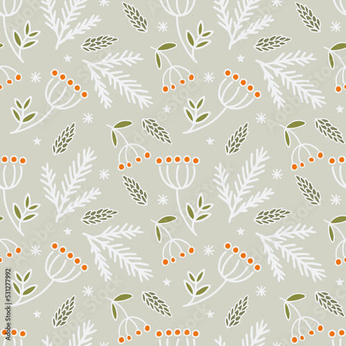 Vector illustration. Seamless light illustration in winter style. Cones, rowan, twigs and snowflakes on a light background. Suitable for various printed products on the winter theme.