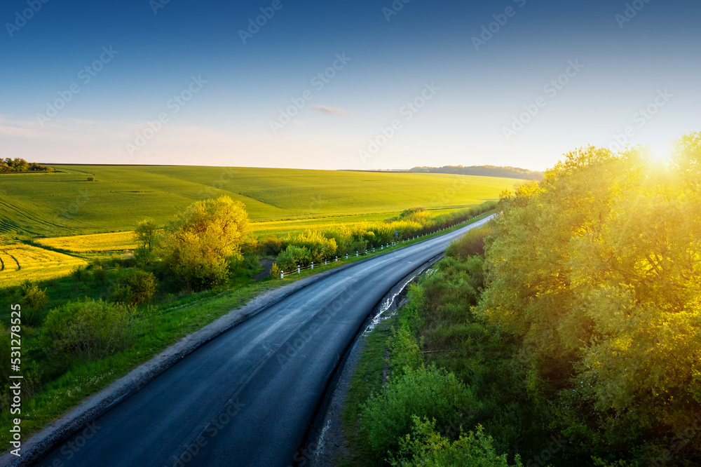 Country road passes through endless plains and fields. Agrarian region of Ukraine, Europe.