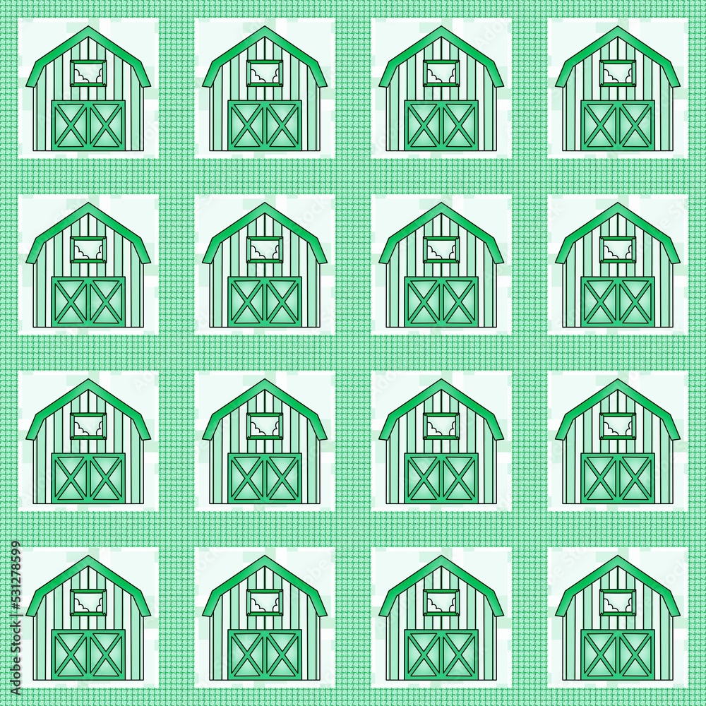 The green  farmhouse in seamless pattern