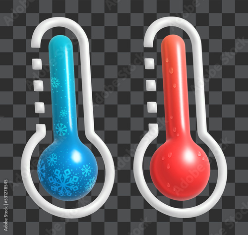 Vector thermometers 3D icons set. Cold covered with snowflakes, and Hot covered with water drops. Realistic glass icons Eps10 vector