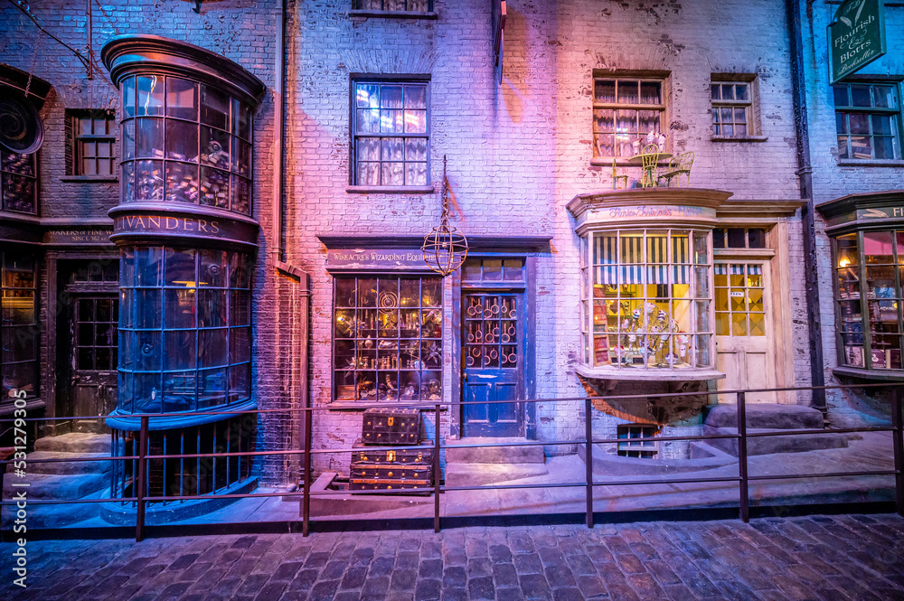 Fototapeta premium Leavesden, UK - August 23, 2022: Exhibits inside the Making of Harry Potter tour at Warner Bros studio.