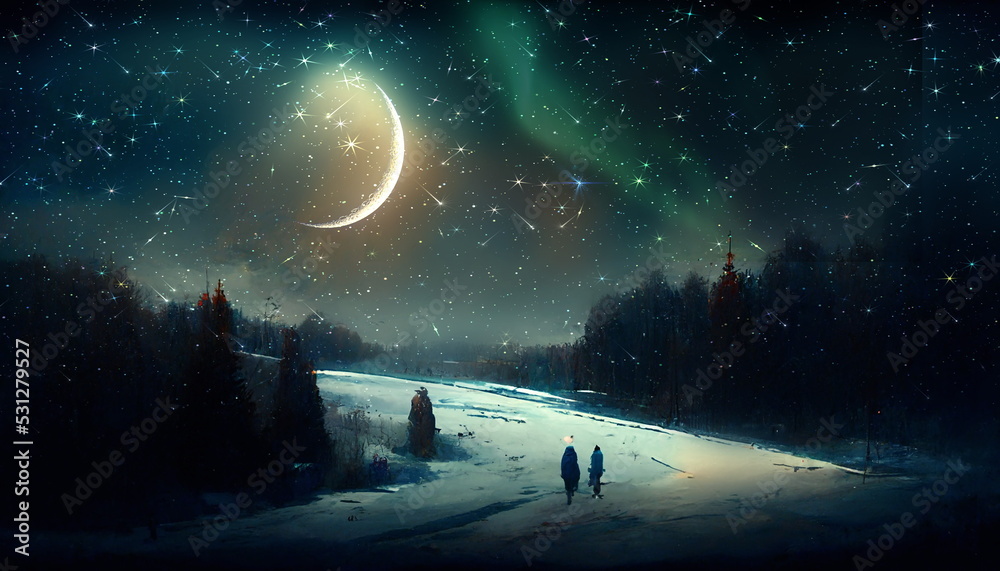 Obraz premium big moon on night starry sky winter forest snowy weather Christmas nature landscape art abstract oil painting banner
