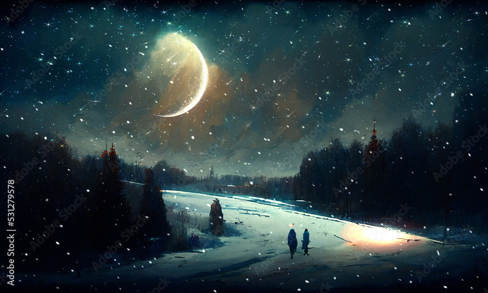 Fototapeta premium big moon on night starry sky winter forest snowy weather Christmas nature landscape art abstract oil painting banner