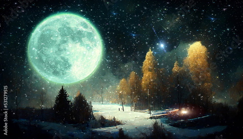 big moon on night starry sky winter forest snowy weather Christmas nature landscape  art abstract oil painting banner © Aleksandr