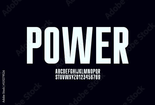 Condensed font, narrow alphabet, letters and numbers, vector illustration 10EPS