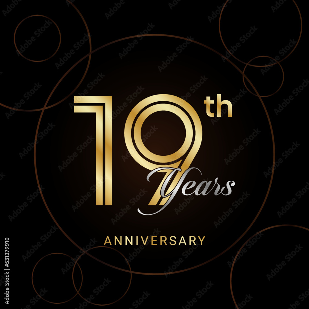 19th Anniversary Celebration with golden text, Golden anniversary vector template 19th Anniversary Celebration with golden text, Golden anniversary vector template