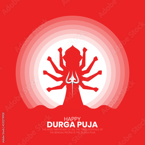 Happy Durga puja greeting design template with Stylish Text and Goddess Durga Hands for Hindu Religious Festival Durga Puja or Navaratri.
