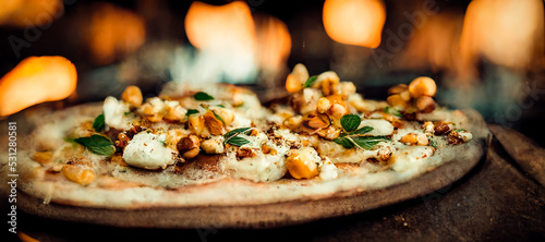 Close-up of a pizza with cheese and nuts, traditional Italian recipe