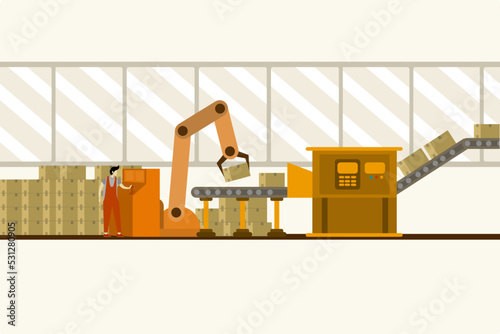 man working on the production line. factory on packing in flat style. Conveyor Automatic Production Line with Carton Box. Production Process on Line Conveyors.Industrial Machinery.