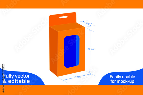 Mobile charger bottom snap lock box, Hanging window 76 x 51 x 97 mm box dieline template_3D box photo