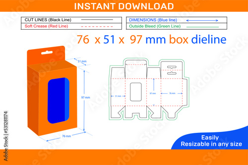 Mobile charger bottom snap lock box, Hanging window 76 x 51 x 97 mm box dieline template_Box dieline and 3D box