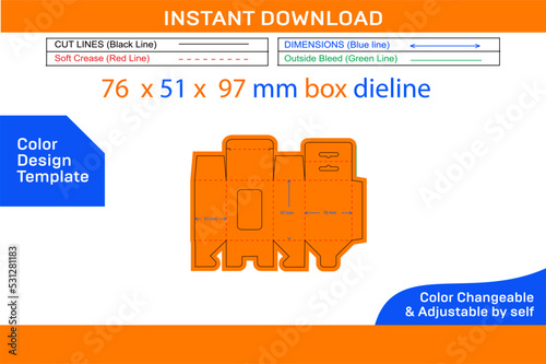 Mobile charger bottom snap lock box, Hanging window 76 x 51 x 97 mm box dieline template_Color Design Template photo