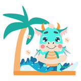 Cute green baby dragon on the sea. Vector illustrations in a flat cartoon style for design, prints, greeting cards, patterns. Symbol 2024