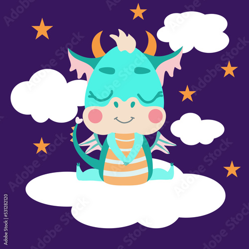 Fabulous green dragon sits happy on a cloud, smiling next to clouds and stars. Vector illustration for designs, prints and patterns. Cute illustration of a fantastic baby dragon symbol 2024