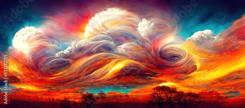 Surreal cloudscape of intense bright sunlight glow, dramatic fiery red flame clouds and late afternoon golden hour rainbow fusion of colors. Reminiscent of summer pacific ocean hot sunsets.