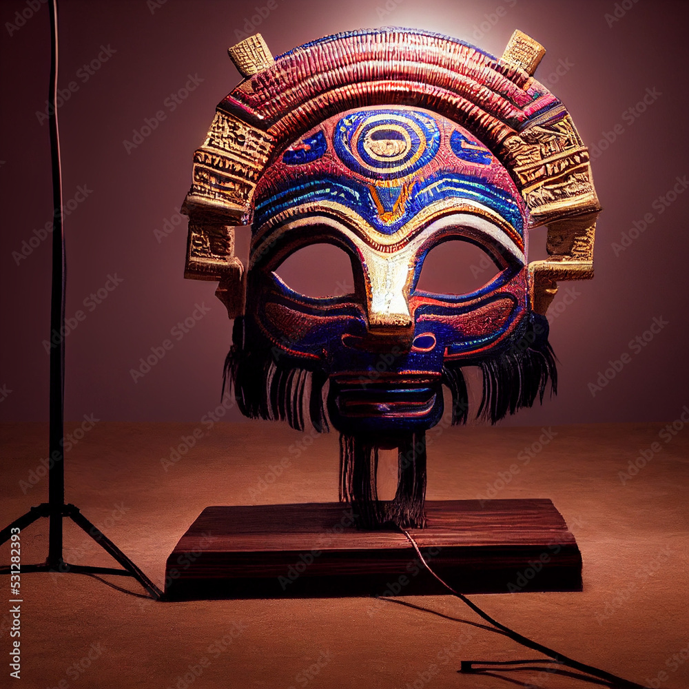 Peruvian Mayan Mask on in studio. color. Ancient art. Studio Backdrop. Filmic lighting. Front light. Top light. Directional lighting. Stock Photo Adobe Stock
