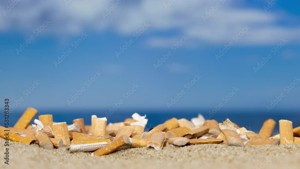 Cigarette stubs on a sandy beach