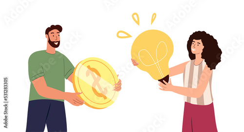Money for idea exchange.Creative decision.Creative business concept.Investment in creativity,startup.Buy innovation,paying for solution,lightbulb.Flat vector illustration isolated on white background