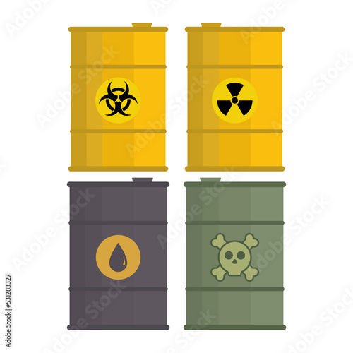 Vector steel barrel of radioactive waste. Container in flat style with oil drop, crossbones, radiation and biohazard icons