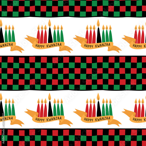 Happy Kwanzaa. Seamless pattern with kinaras. Traditional Kwanzaa symbols. Print for textile, wallpaper, covers, surface. Retro stylization. For fashion fabric. Tribal pattern photo