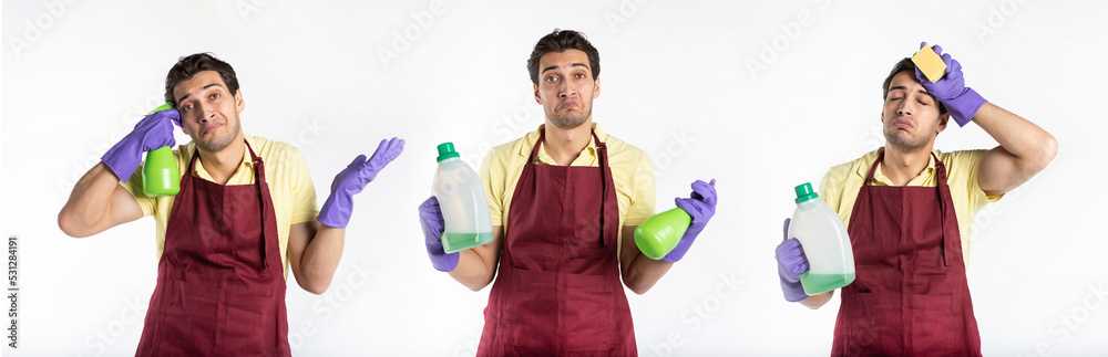 Collage of different negative emotions of young handsome male contractor from cleaning service feeling bad because of exhausting household day isolated on white background Collage of different negative emotions of young handsome male contractor from cleaning service feeling bad because of exhausting household day isolated on white background