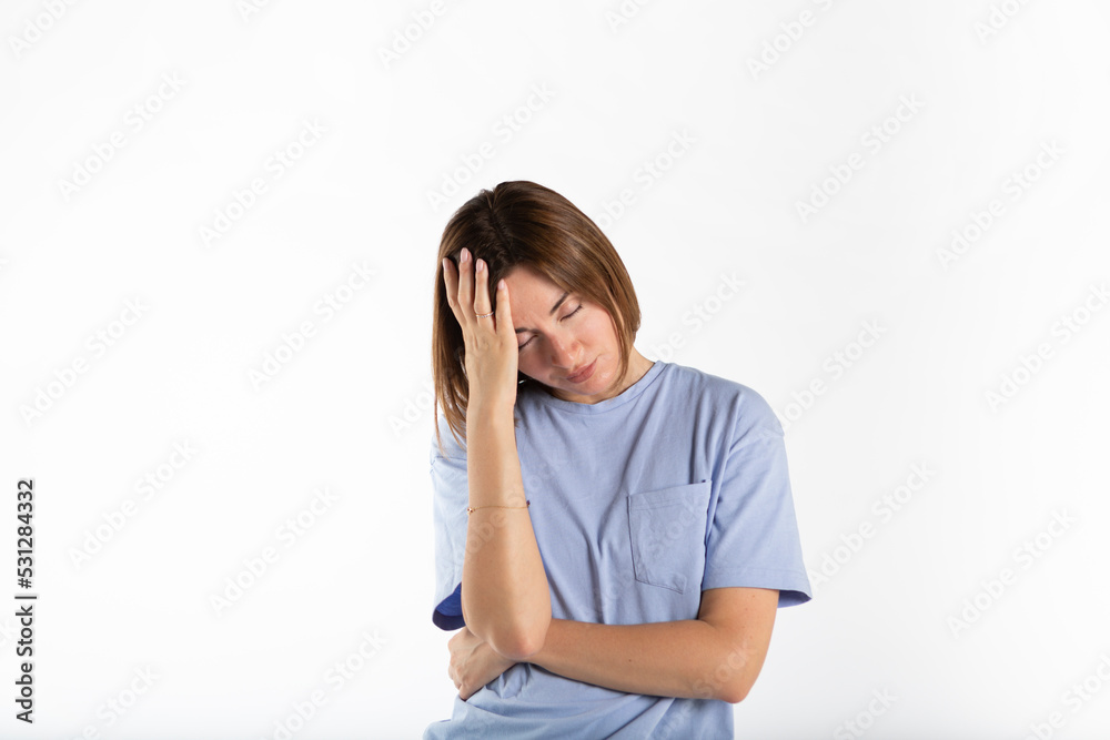 Upset and depressed young woman feeling bad isolated on white background Upset and depressed young woman feeling bad isolated on white background