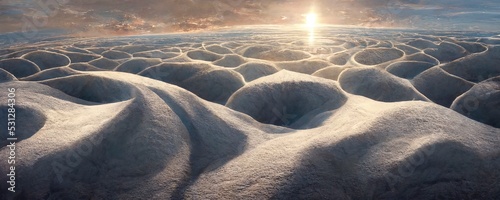 High resolution panorama of a Sci-Fi Snow planet backdrop. 3d render. 3:1 ratio. Unreal Engine. Perfect as a background or for use in an art projects. photo