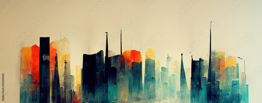 Fototapeta premium Spectacular watercolor painting of an abstract urban, cityscape, skyscraper scene in orange and teal, grayish smog. Double exposure building. Digital art 3D illustration.