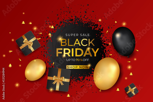Realistic black Friday sale banner with gifts and balloons
