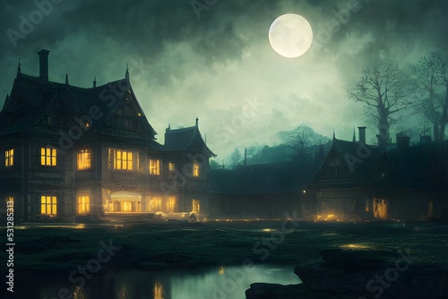 Vászonkép Full moon shines over a creepy haunted house.