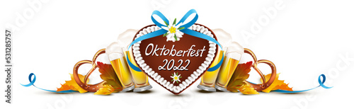 Oktoberfest 2022 - Lebkuchen Herz mit Schriftzug, geschwungener Schleife, Bier, Brezel und Herbstblätter photo