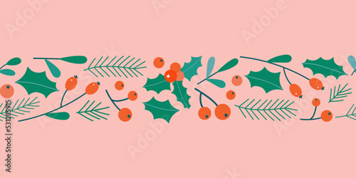 Christmas floral seamless border. Cute flat fir branches, mistletoe and red berries in xmas frame element or divider. Festive bright floral garland for Christmas decoration.