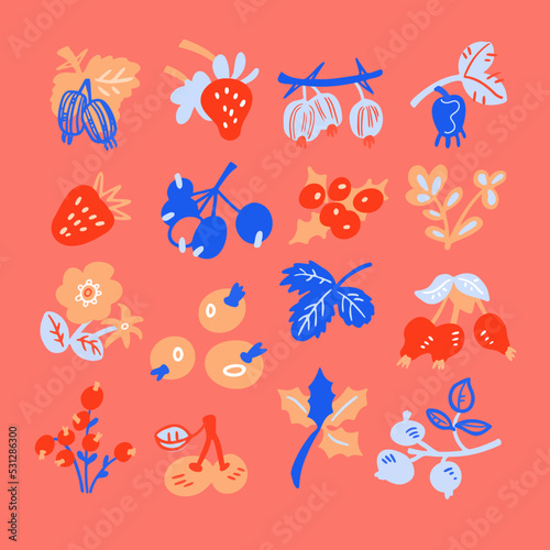 Set of decorative minimalist berries  flowers and leaves for design. Flat style nature and flora for patterns  backgrounds. Strawberries  spiked berries  holly on branch. Vector illustrations.